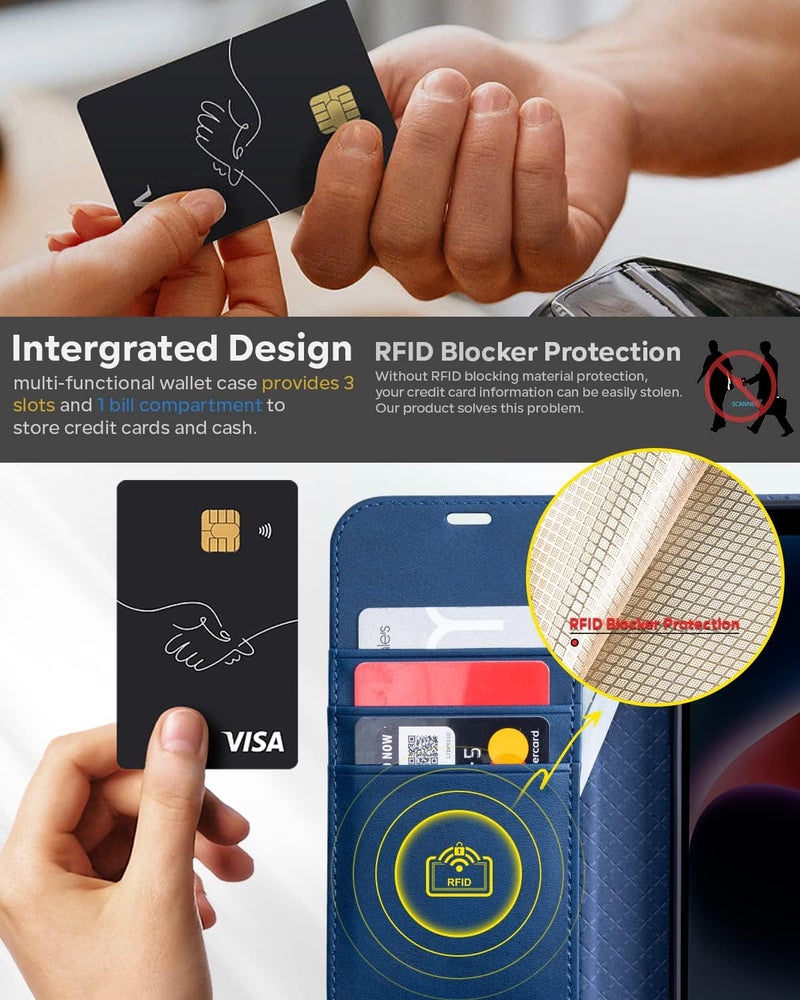OCASE Compatible with iPhone 13 Wallet Case, PU Leather Flip Folio Case with Card Holders RFID Blocking Kickstand [Shockproof TPU Inner Shell] Phone Cover 6.1 Inch 2021 (Spliced Blue) - Image 3